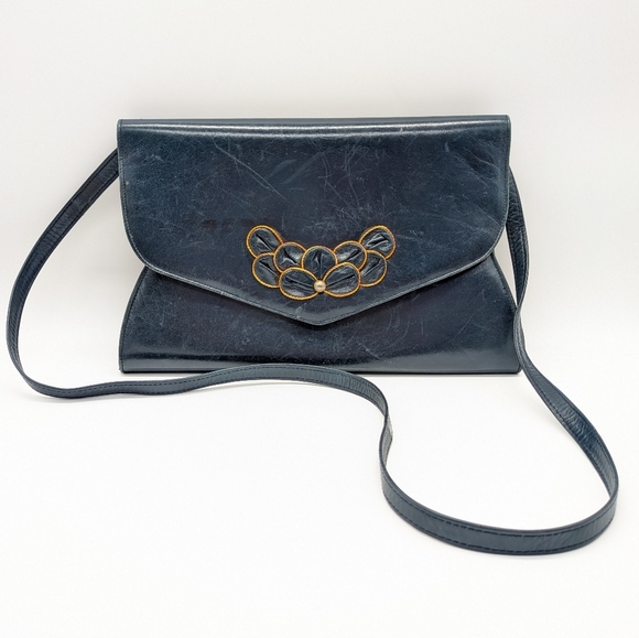 Vintage Brian Jeffrey Blue Gold Snap Closure Shoulder Bag - Picture 1 of 12